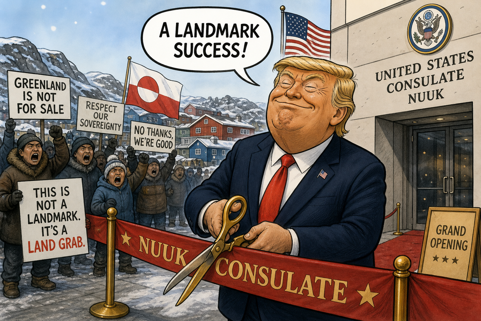 Satirical cartoon for Nuuk Consulate Opening Declared 'A Landmark Success' Amid Protests