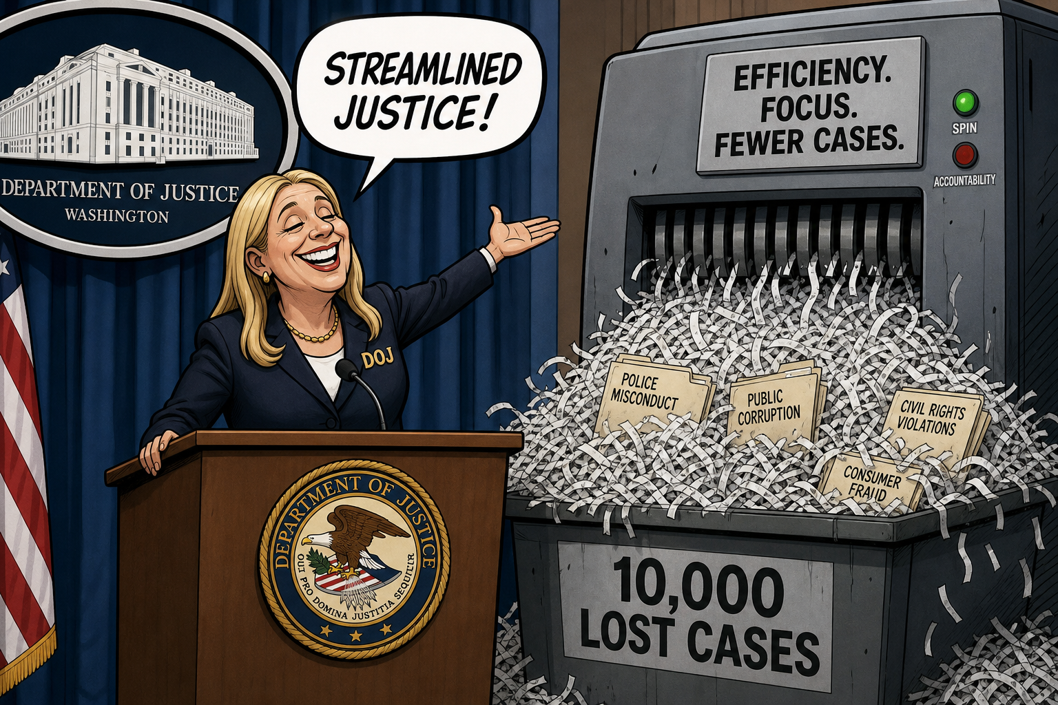 Satirical cartoon for DOJ Hails 10,000 Lost Cases as 'Streamlined Justice'