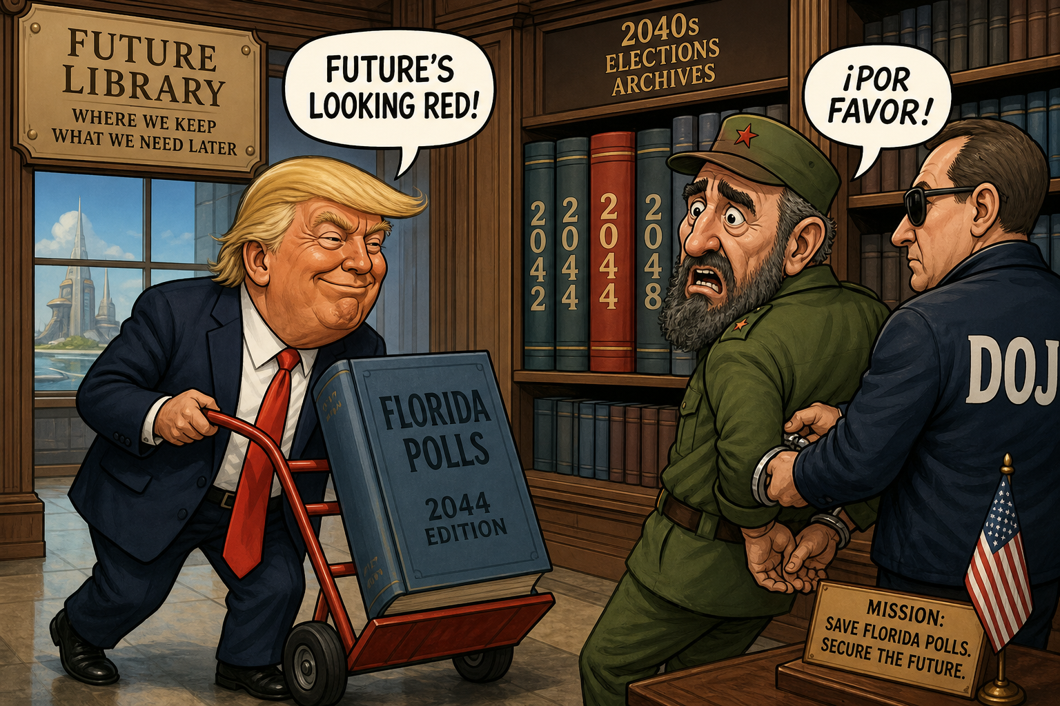 Satirical cartoon for DOJ Indicts Castro by Future Library to Rescue Florida Polls