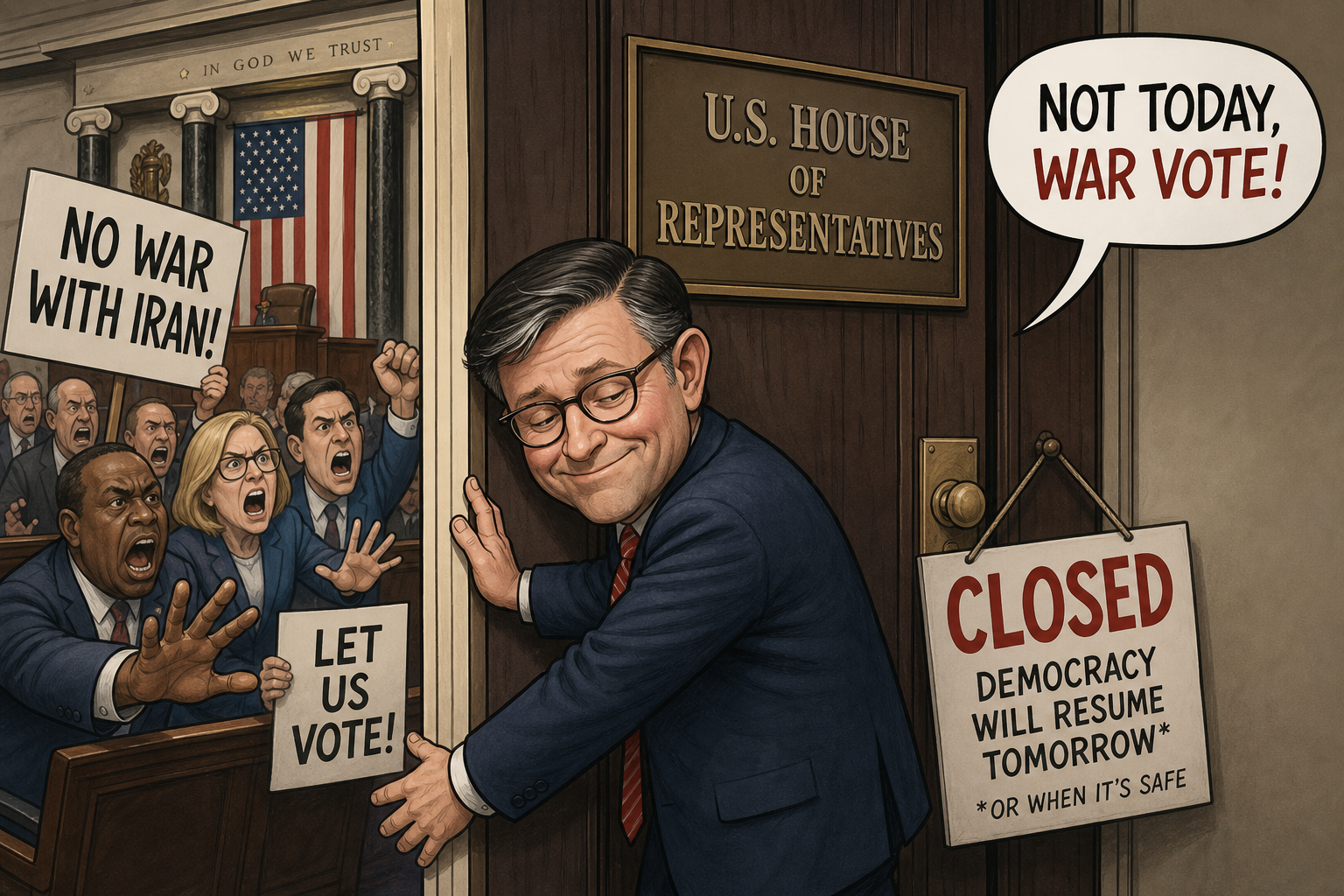 Satirical cartoon for Speaker Shuts Down House To Avoid Losing Iran War Vote