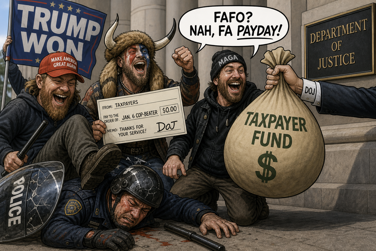 Satirical cartoon for DOJ Confirms Jan. 6 Cop-Beaters Eligible for Taxpayer Fund