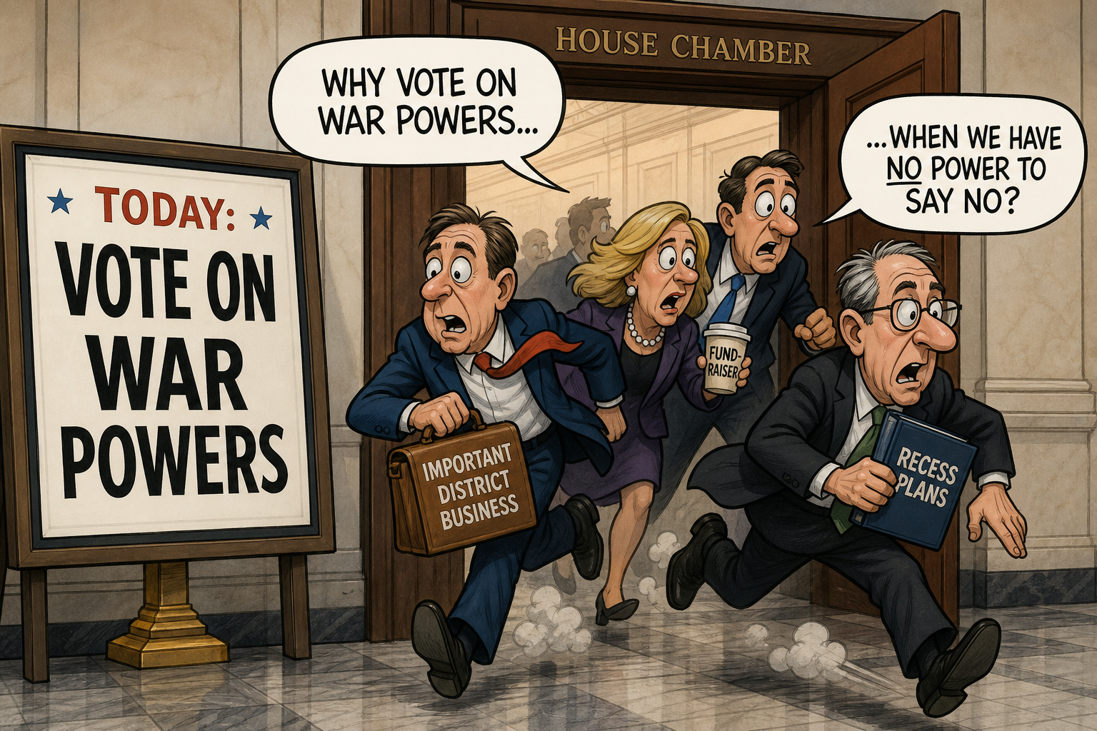 Satirical cartoon for House Adjourns Indefinitely Ahead of Required War Powers Vote