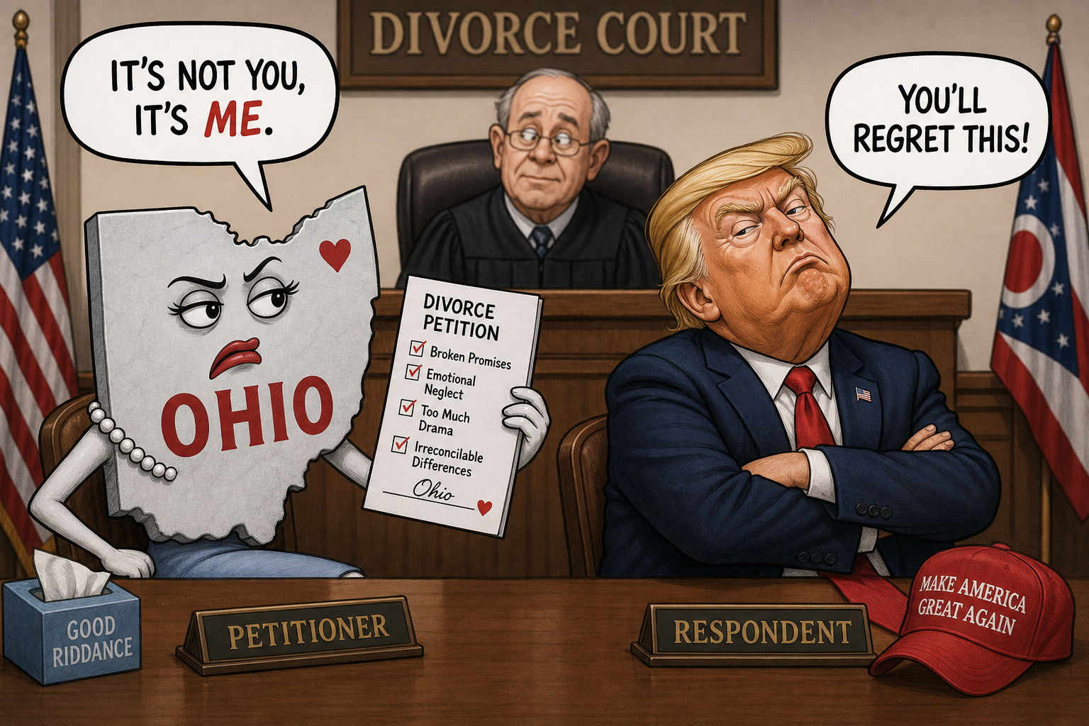 Satirical cartoon for Ohio Officially Files for Divorce From Trump Presidency