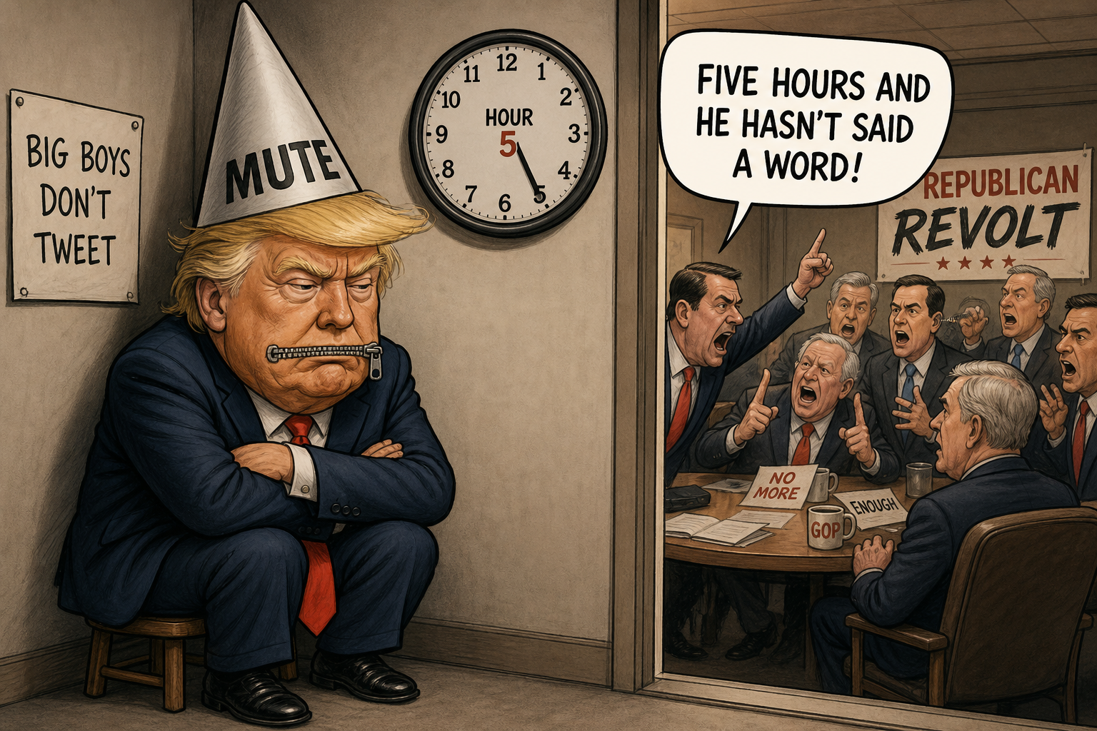 Satirical cartoon for Trump Mute As Republican Revolt Enters Its Fifth Hour