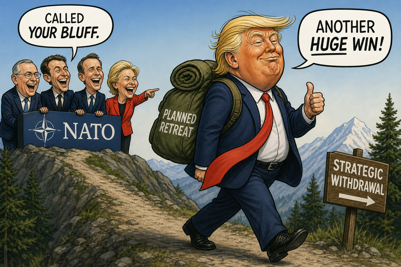 Satirical cartoon for After NATO Calls Bluff, Trump Declares Planned Retreat a Triumph