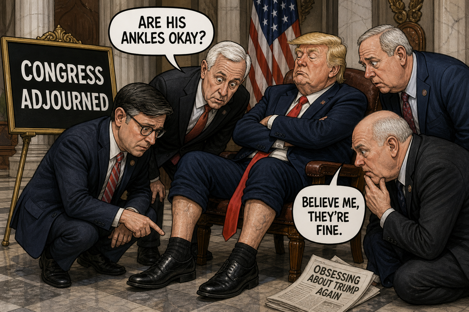 Satirical cartoon for Congress Adjourns After GOP Leaders Ask: 'Are His Ankles Okay?'