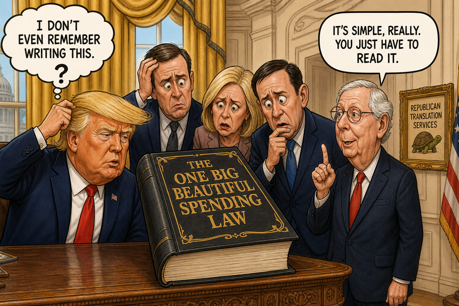 Satirical cartoon for Trump’s Own Spending Law Baffles Trump Officials, McConnell Explains
