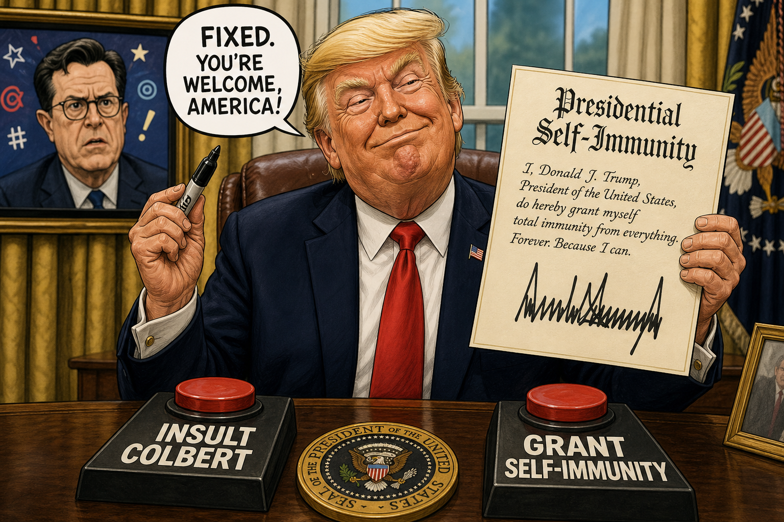 Satirical cartoon for Trump’s Plan to Fix Everything: Insult Colbert, Grant Self-Immunity