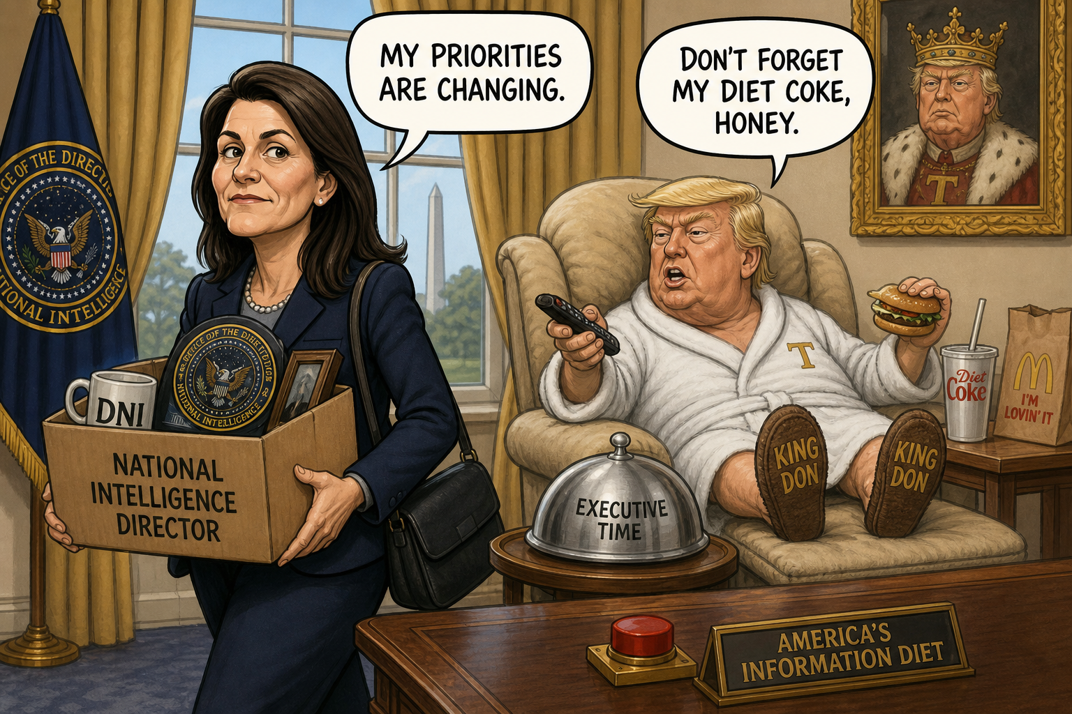 Satirical cartoon for National Intelligence Director Resigns to Focus on Husband’s Health