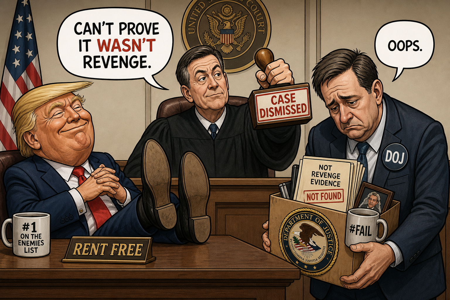 Satirical cartoon for DOJ Fails to Prove Indictment Wasn't Revenge, Case Dismissed