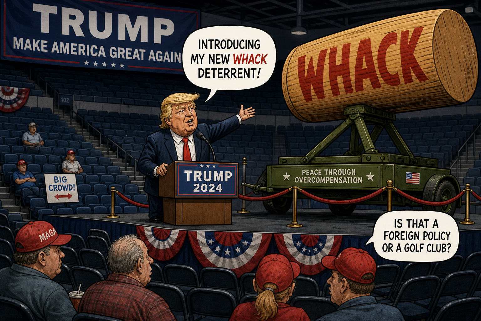 Satirical cartoon for Trump Unveils 'Whack' Deterrent at Sparsely Attended New York Rally