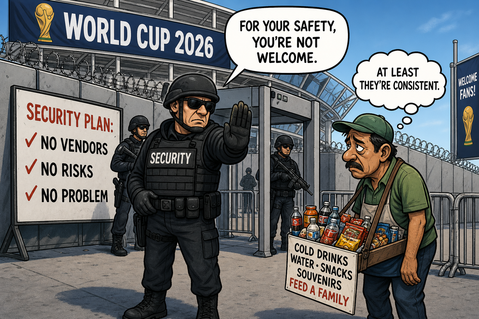 Satirical cartoon for World Cup Security Plan Ensures No Vendor Will Risk Working