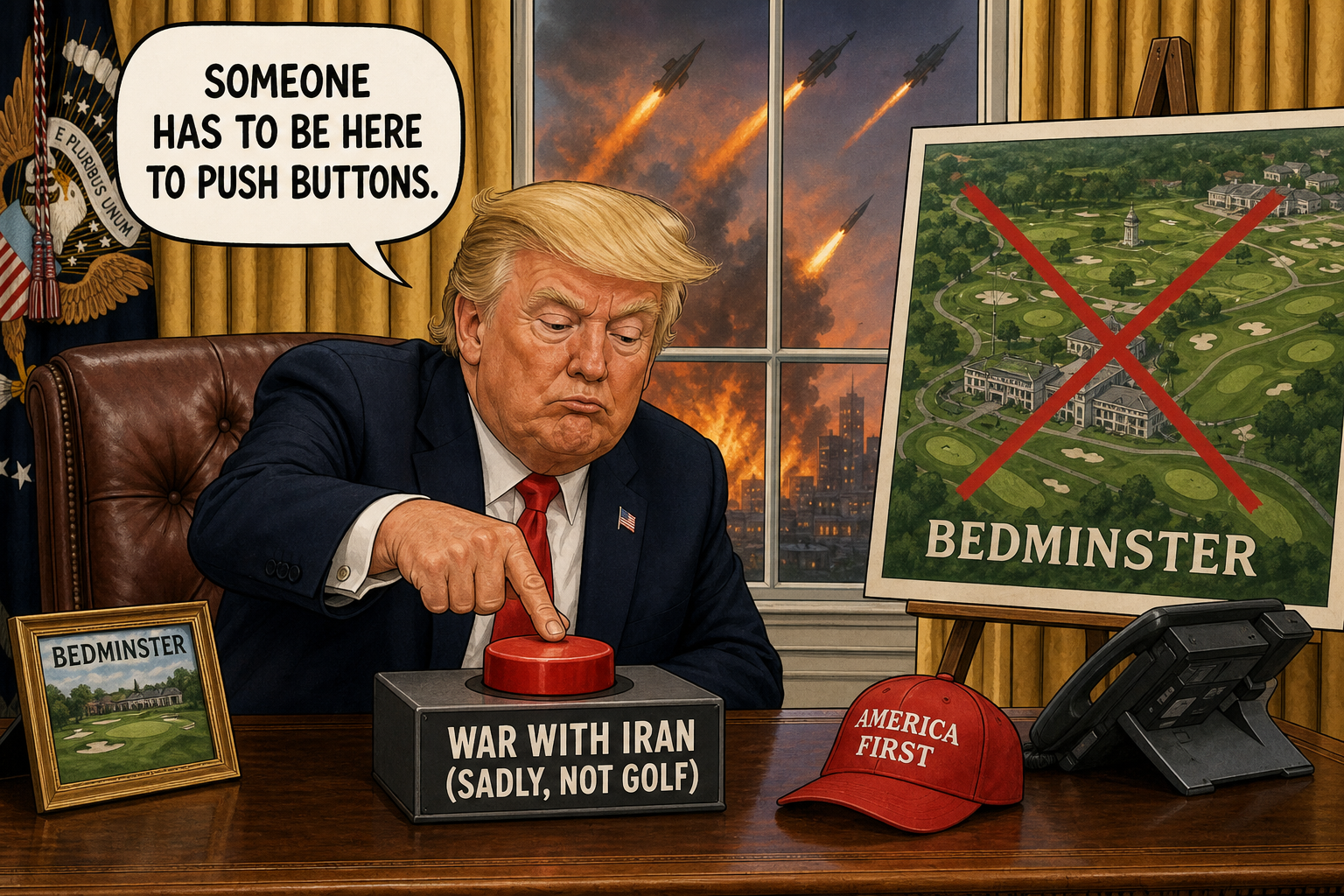 Satirical cartoon for President Cancels Bedminster Trip to Oversee Imminent War With Iran