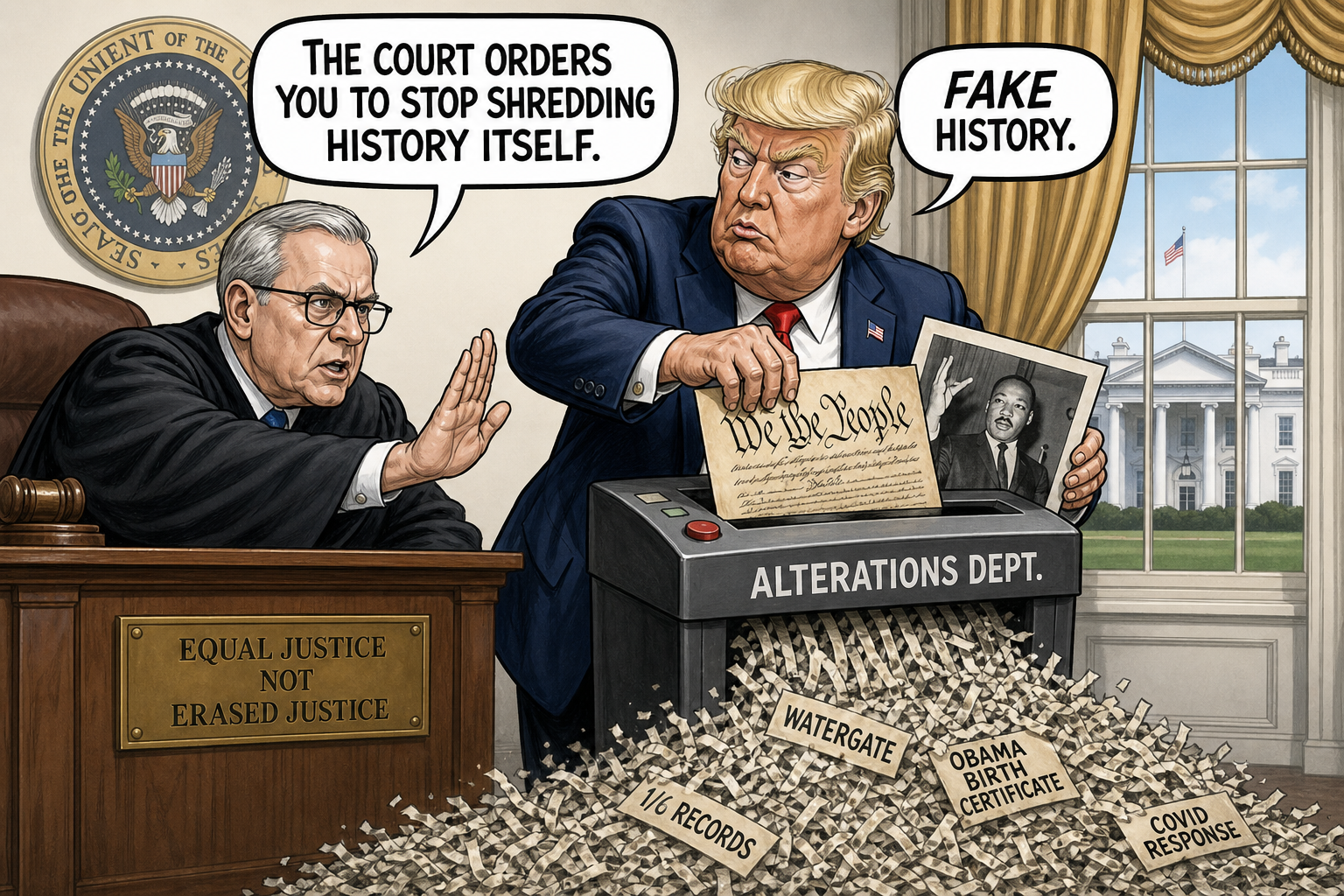 Satirical cartoon for Judge Orders White House to Stop Shredding History Itself