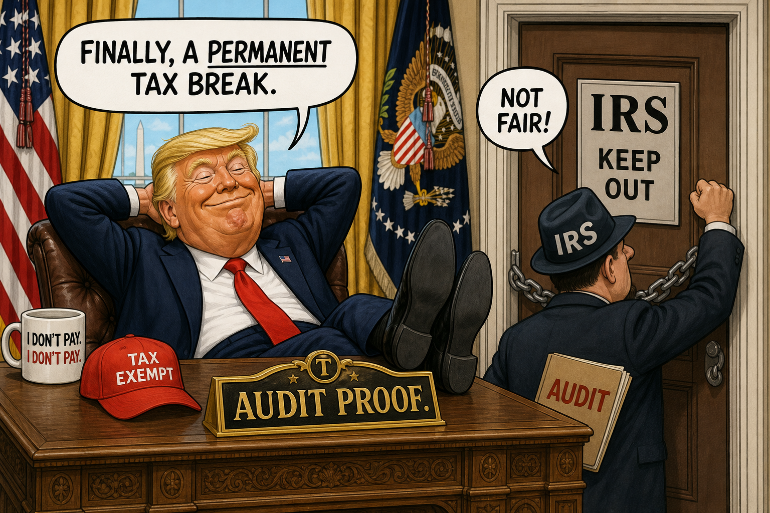 Satirical cartoon for DOJ Settlement Gives Trump Permanent IRS Audit Immunity
