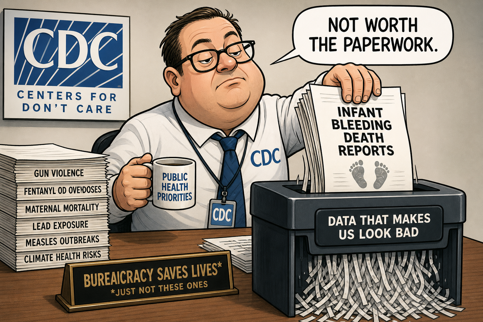 Satirical cartoon for CDC Declares Infant Bleeding Deaths Not Worth the Paperwork