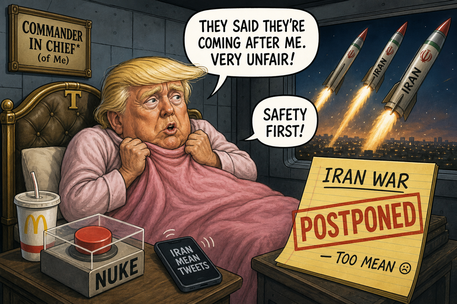 Satirical cartoon for Trump Postpones Iran War Over Threats to Personal Safety