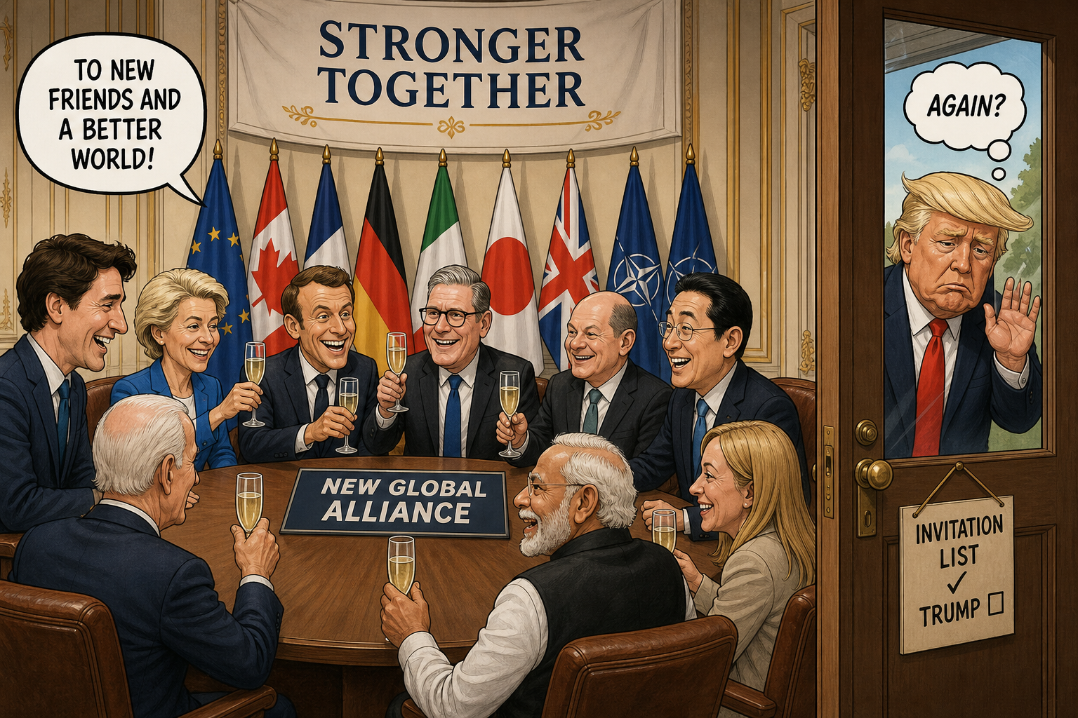 Satirical cartoon for World Leaders Forge New Alliances, Forget to Invite Trump