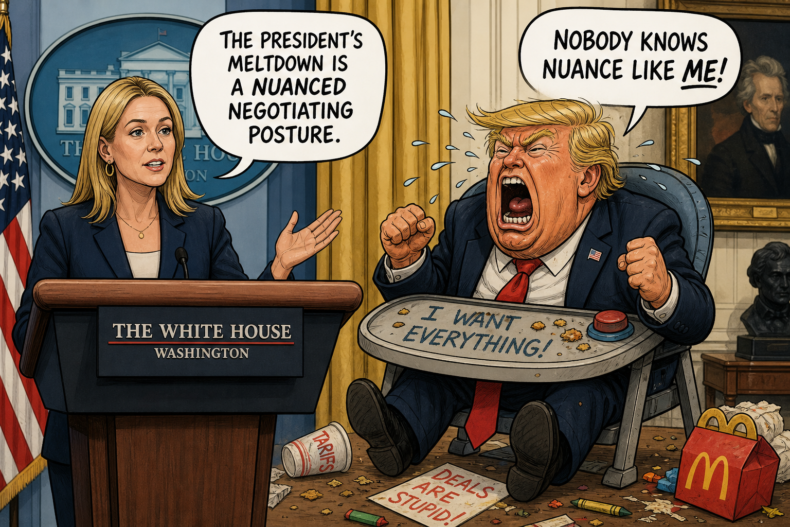 Satirical cartoon for Administration Calls Trump’s Meltdown ‘A Nuanced Negotiating Posture’