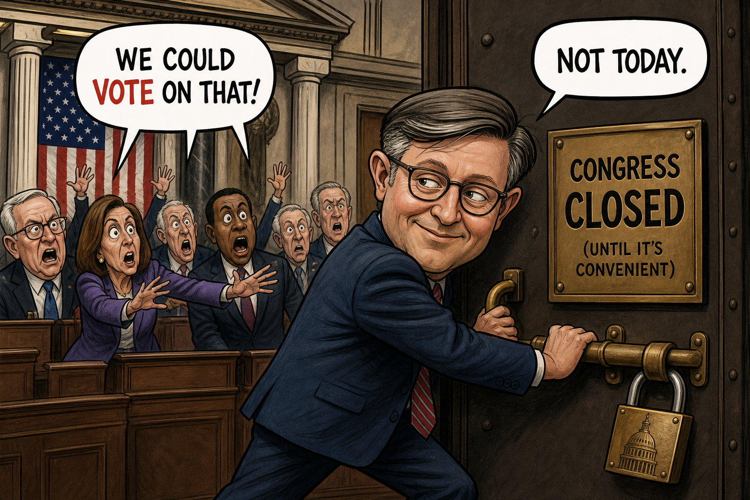 Satirical cartoon for Johnson Shuts Down Congress After Realizing Votes Could Happen