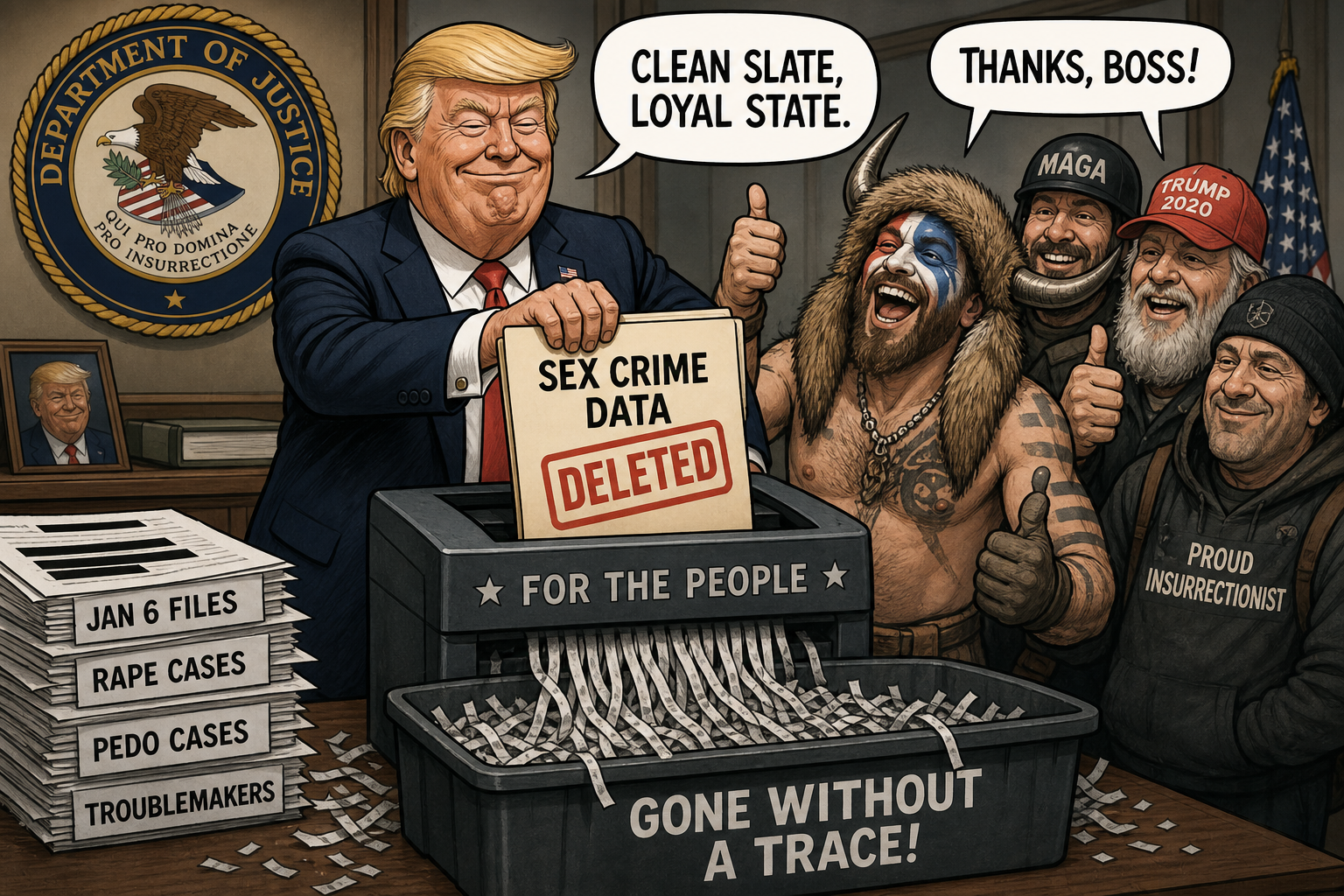 Satirical cartoon for Trump DOJ Scrubs Sex Crime Data to Aid Insurrectionists