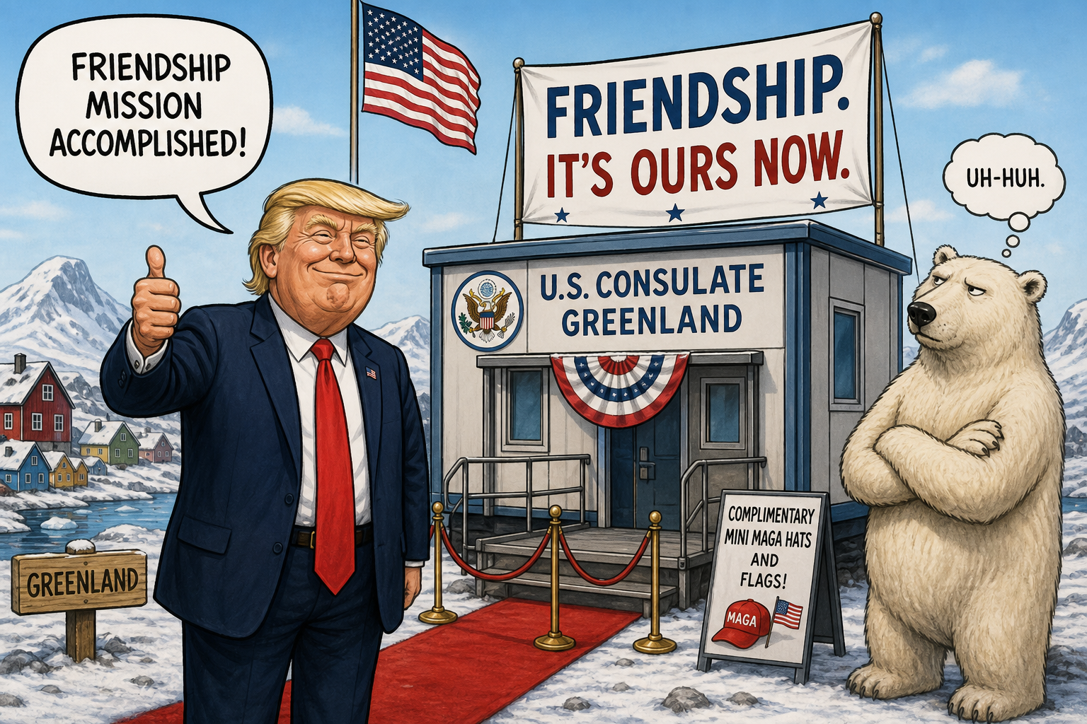 Satirical cartoon for U.S. Opens Consulate in Greenland, Declares Friendship Mission Accomplished