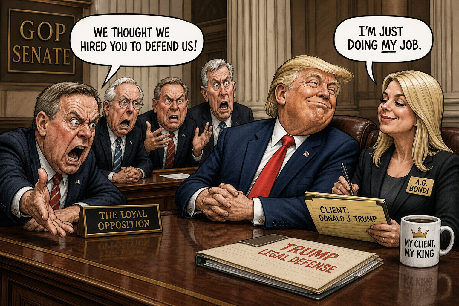 Satirical cartoon for GOP Senators Furious Attorney General Is Acting as Trump's Lawyer