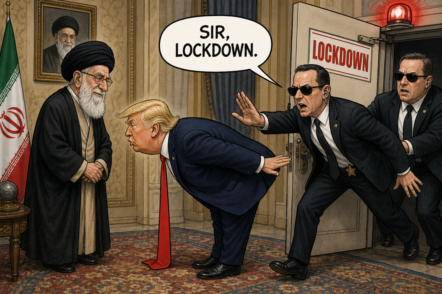 Satirical cartoon for Lockdown Interrupts Trump Mid-Bow to Ayatollah, Secret Service Confirms