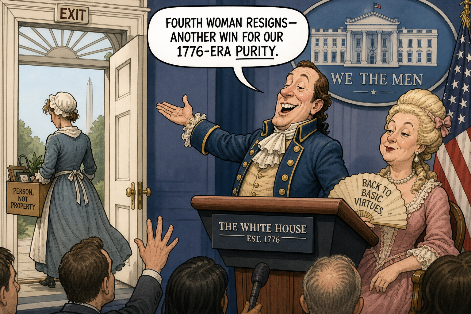 Satirical cartoon for Fourth Woman Resigns, White House Lauds '1776-Era' Purity