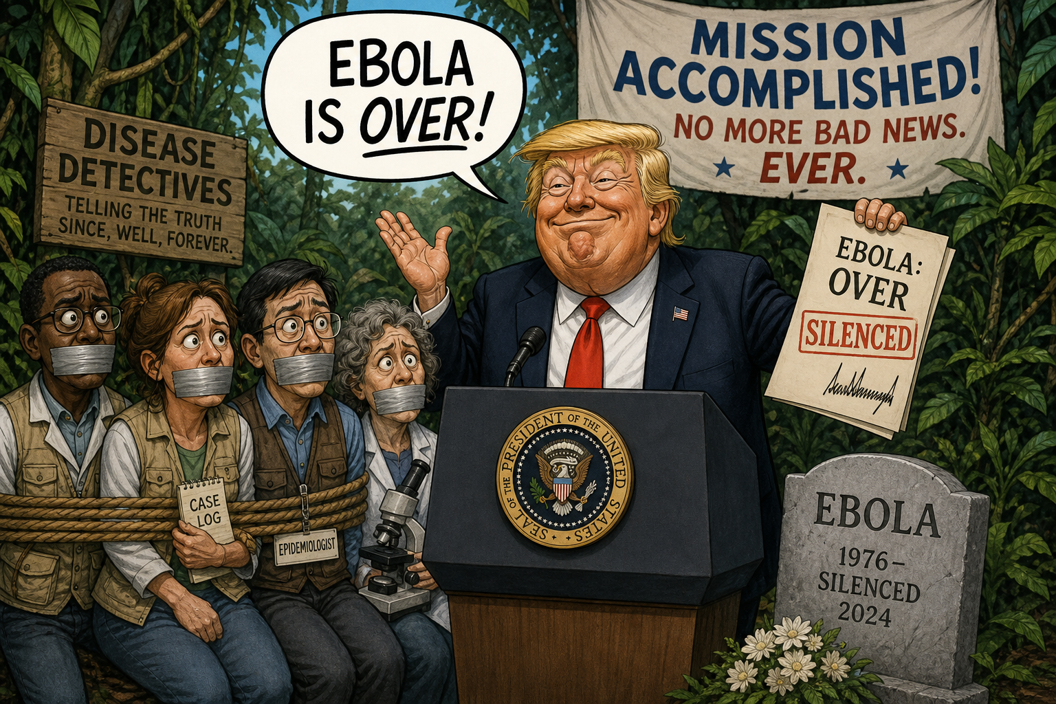 Satirical cartoon for Ebola Declared Over After Administration Silences Disease Detectives