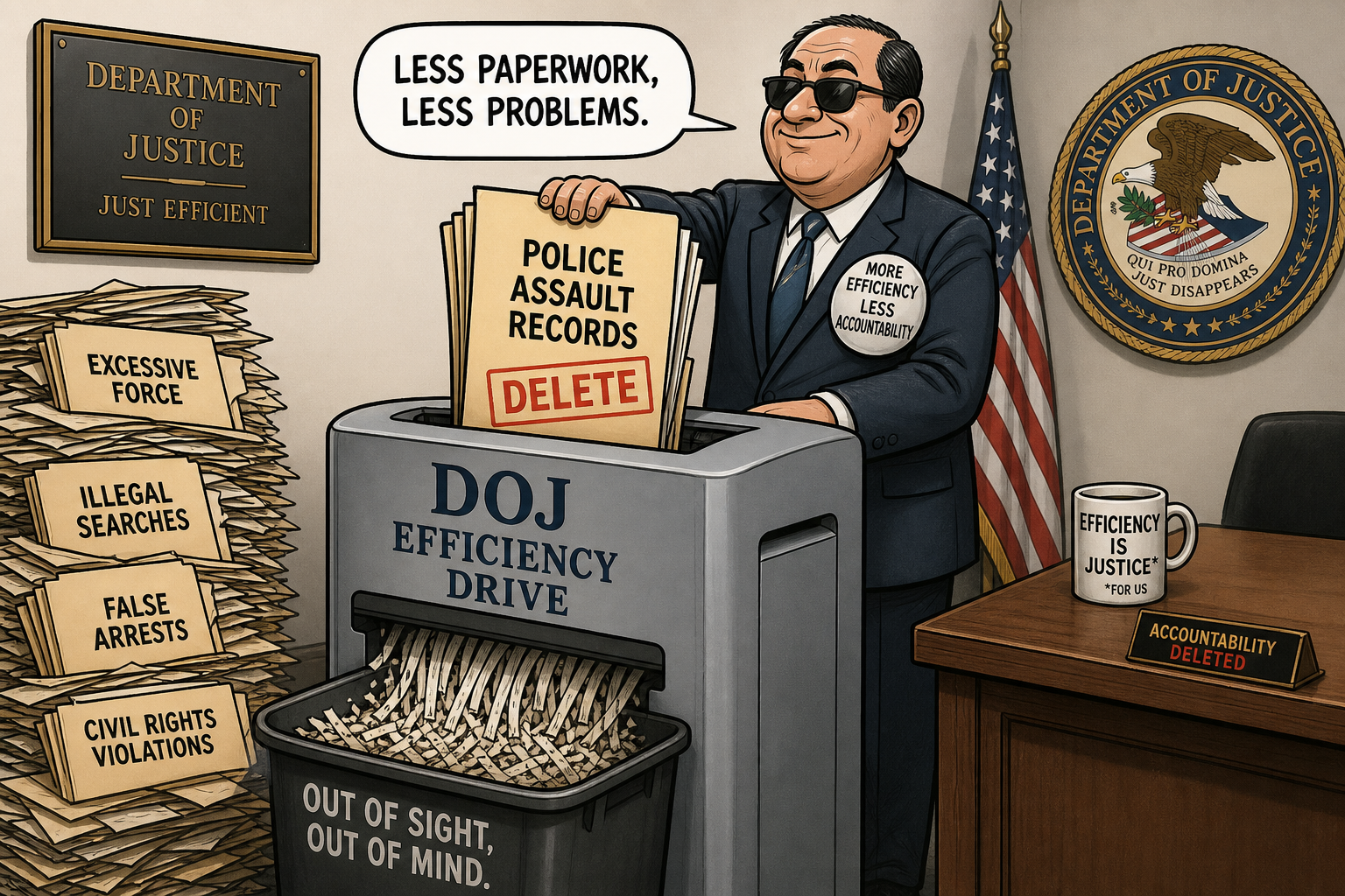 Satirical cartoon for DOJ Deletes Police Assault Records, Calls It Efficiency Drive