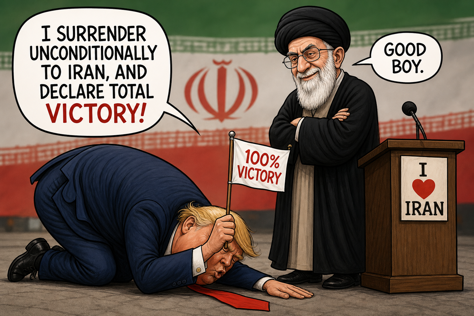 Satirical cartoon for Trump Surrenders Unconditionally To Iran, Declares Total Victory