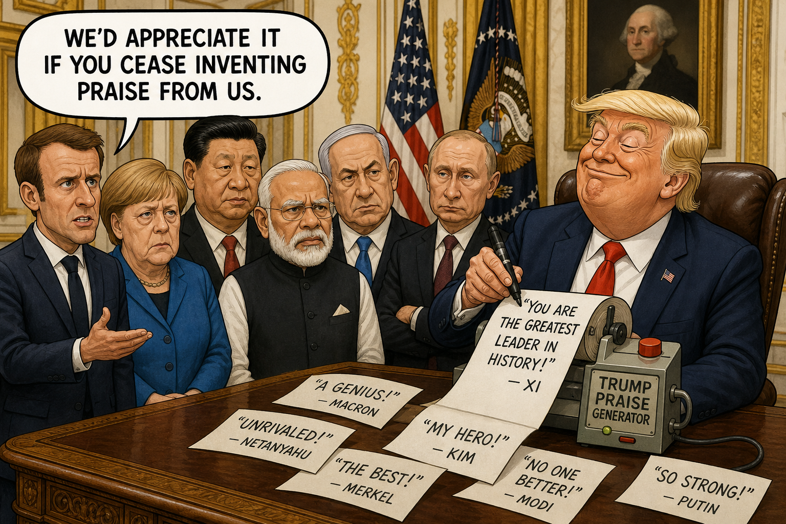 Satirical cartoon for Foreign Leaders Ask Trump To Cease Inventing Praise From Them