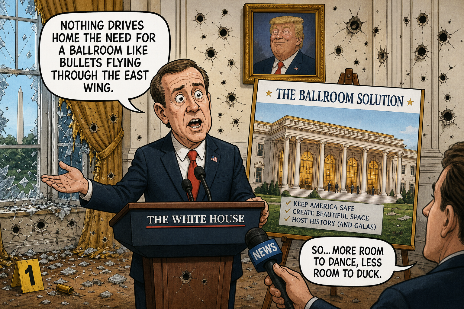 Satirical cartoon for White House Shooting Validates Urgent Ballroom Need, Officials Say