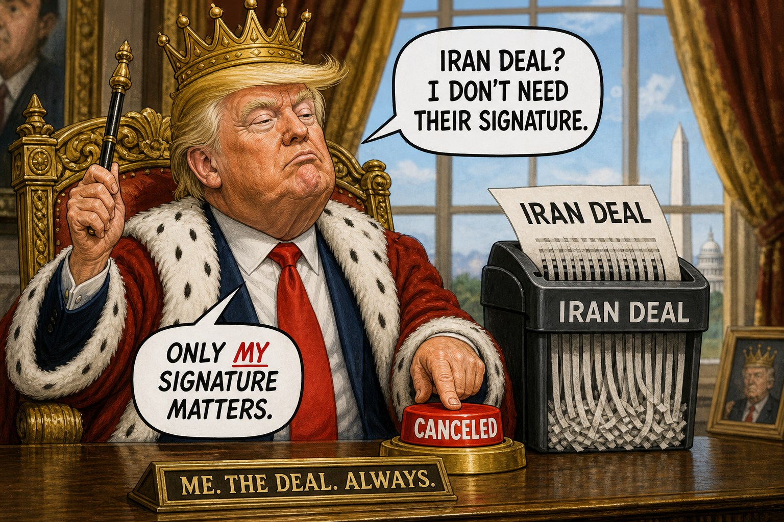 Satirical cartoon for Trump Asserts Sole Authority Over Iran Deal He Just Canceled