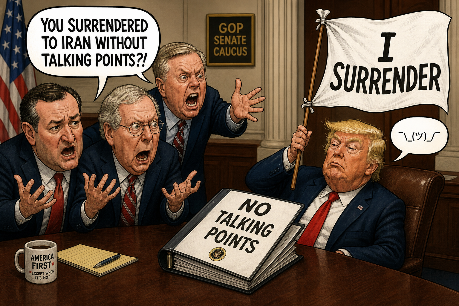 Satirical cartoon for GOP Senators Outraged Trump’s Iran Surrender Came Without Talking Points