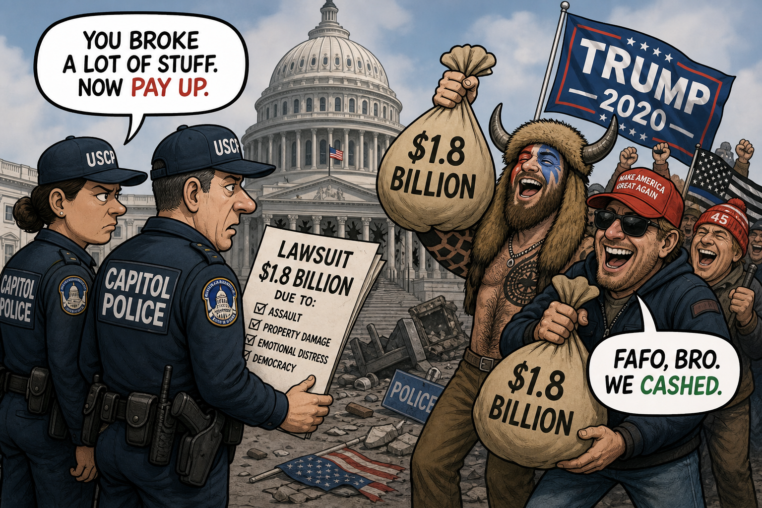 Satirical cartoon for Capitol Police File Suit Over $1.8 Billion Insurrectionist Payout