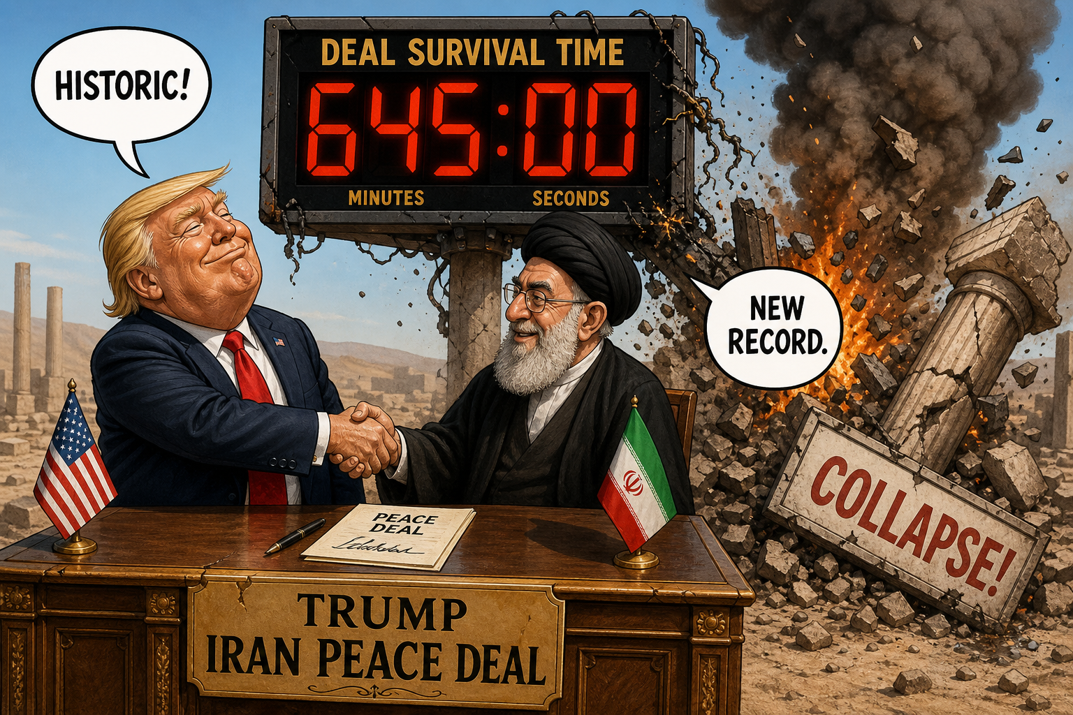 Satirical cartoon for Trump’s Iran Peace Deal Survives Record 645 Minutes Before Collapse