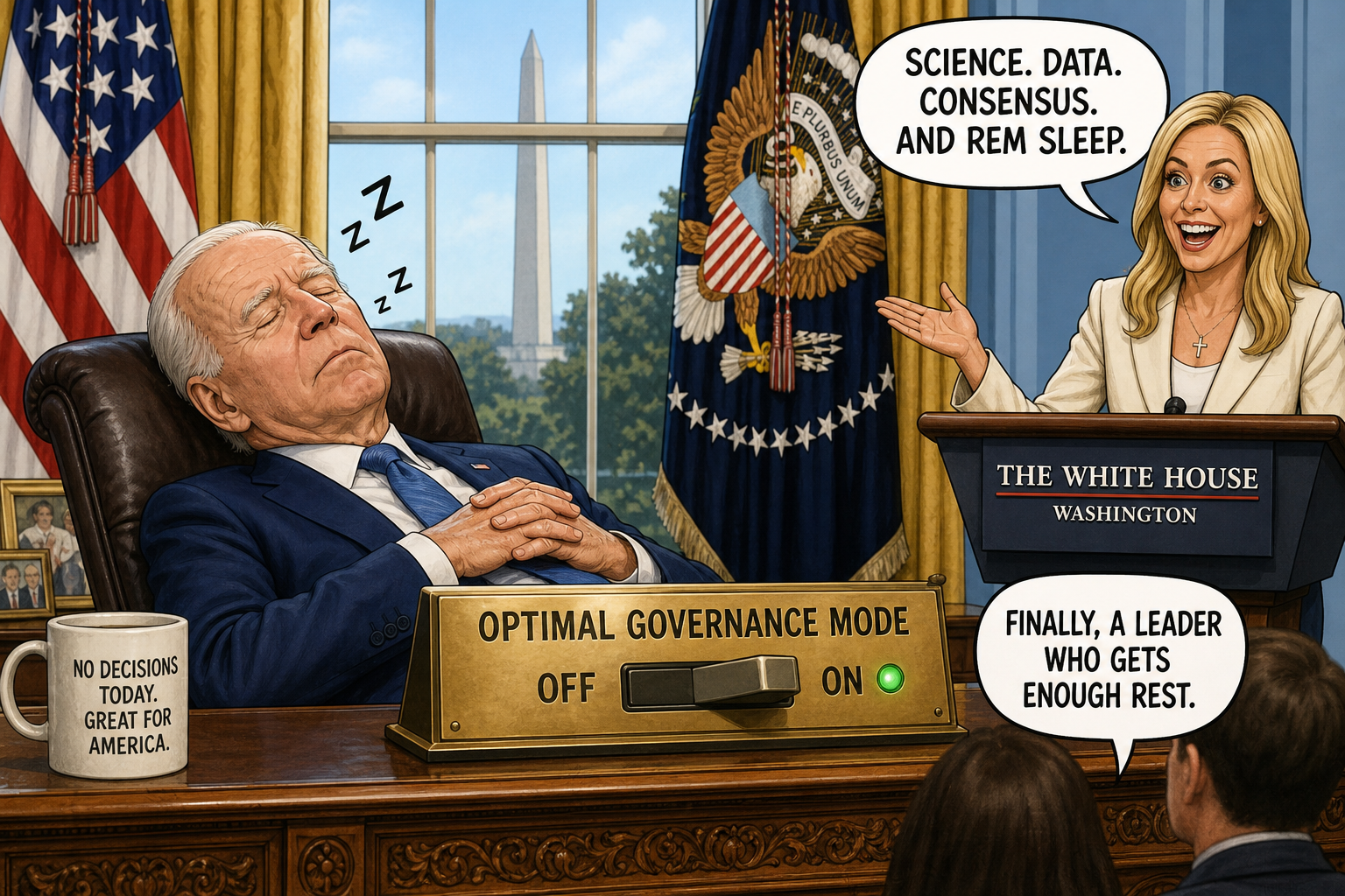 Satirical cartoon for White House Declares Sleeping President Optimal Governance Mode