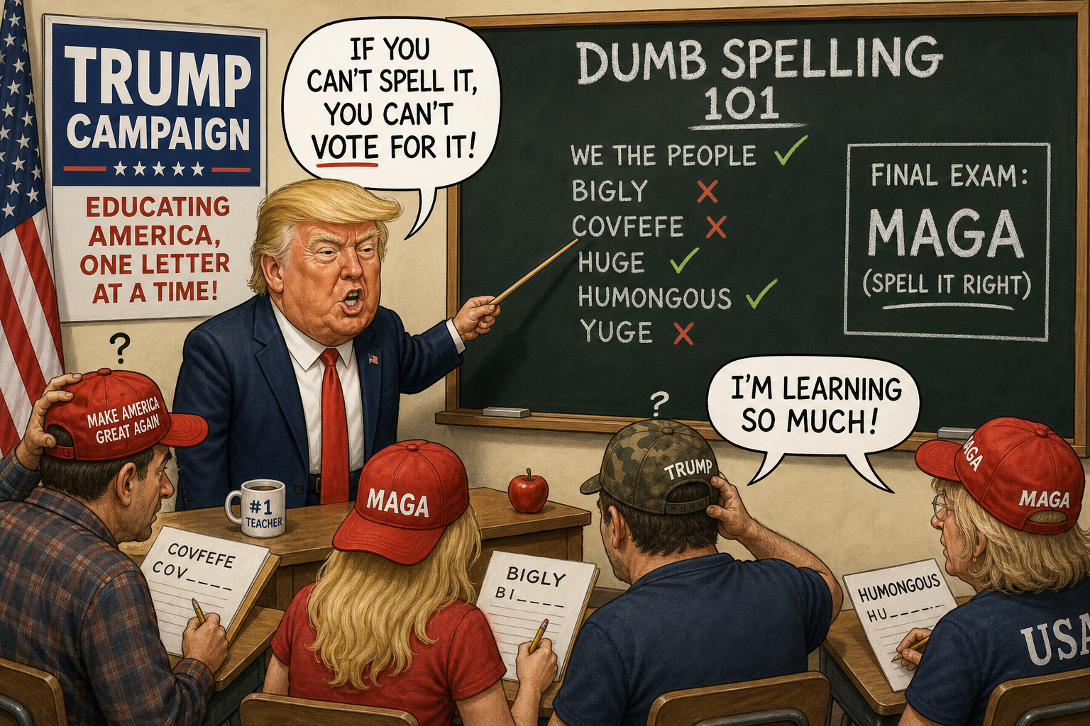 Satirical cartoon for Trump Campaign Pivots to Voter Education on 'Dumb' Spelling