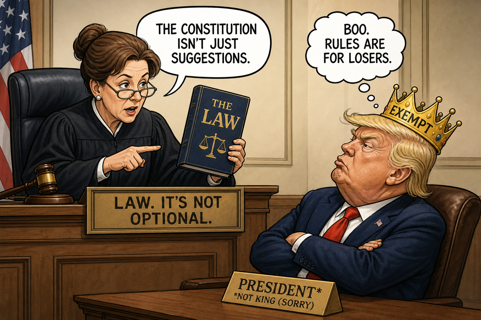 Satirical cartoon for Judge Informs Trump Administration That Laws Apply to Them