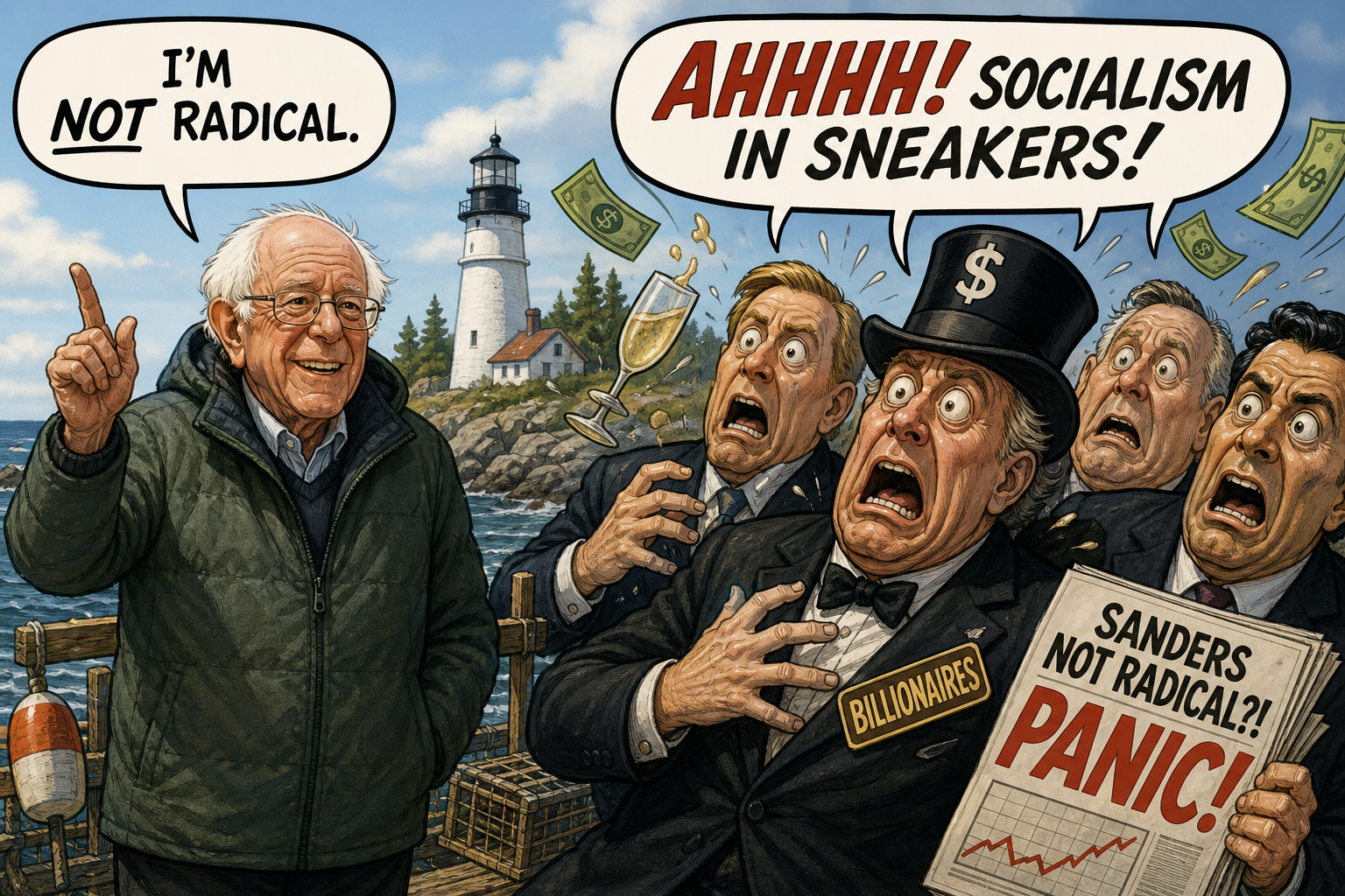Satirical cartoon for Sanders ‘Not Radical’ Remarks Trigger Billionaire Panic in Maine