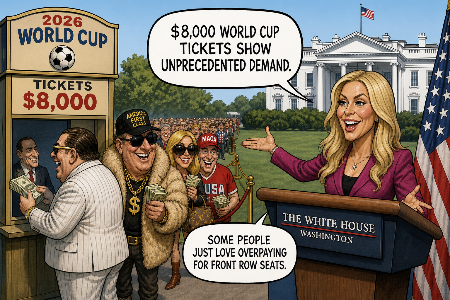 Satirical cartoon for White House: $8,000 World Cup Tickets Show Unprecedented Demand