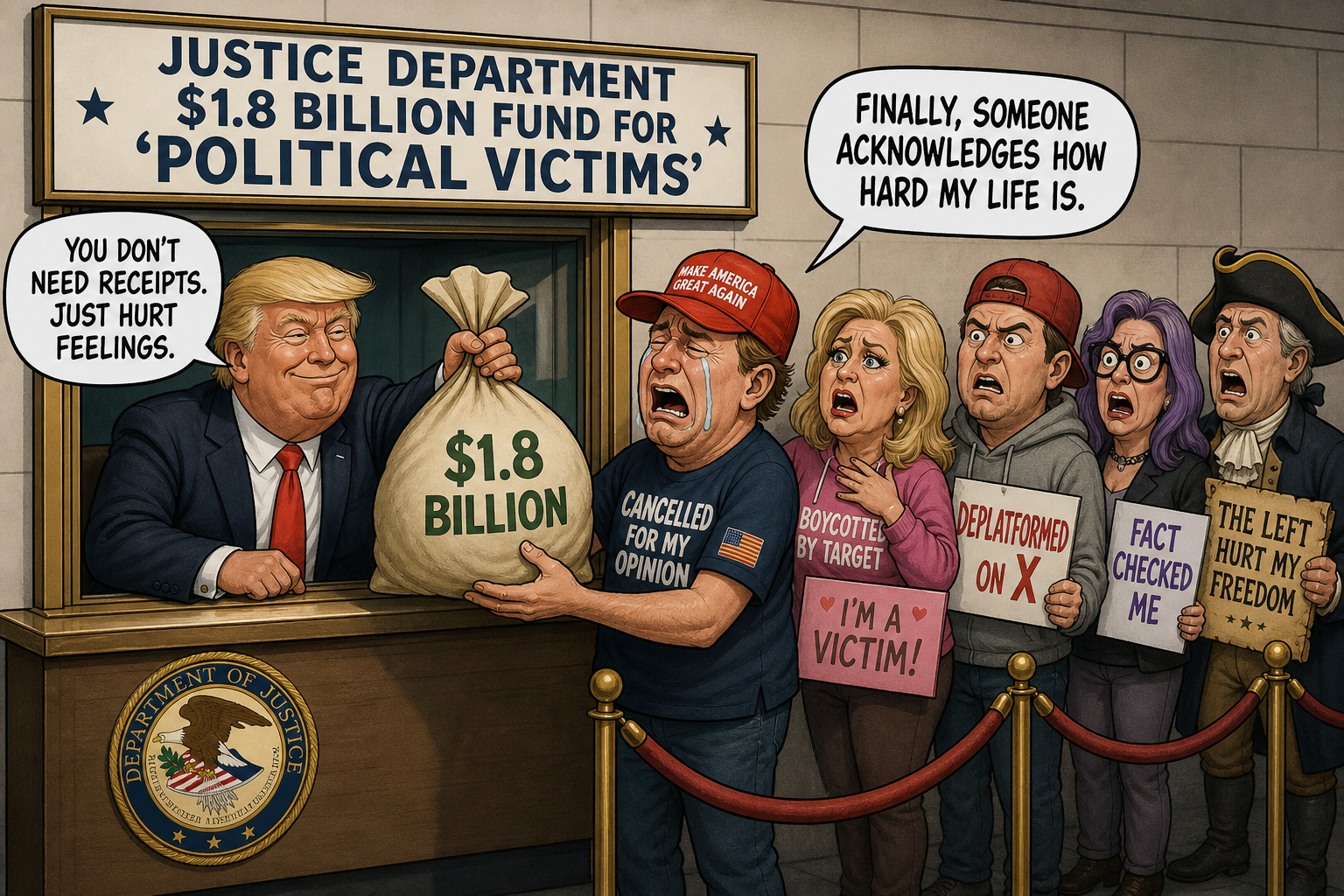 Satirical cartoon for Justice Department Opens $1.8 Billion Fund for 'Political Victims'