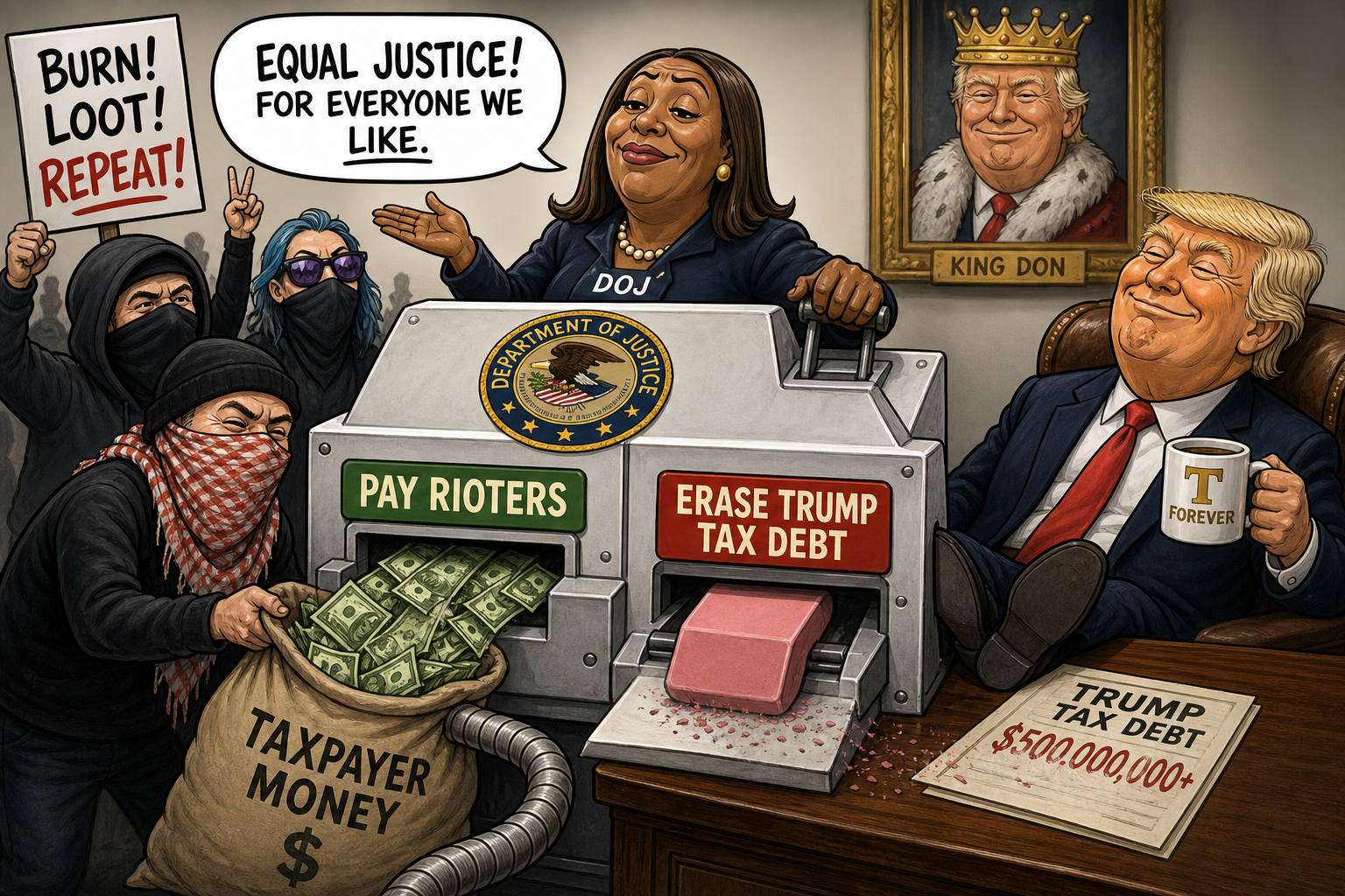 Satirical cartoon for DOJ Seeks to Pay Rioters, Erase Trump Tax Debt