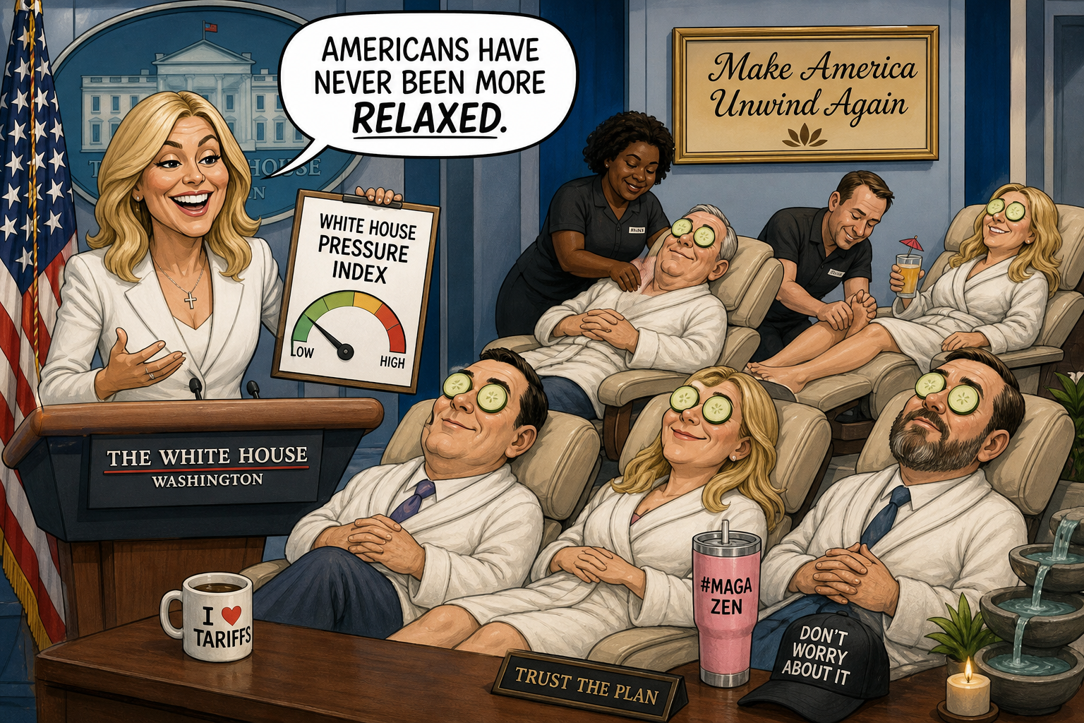 Satirical cartoon for White House Pressure Index Finds Americans Never More Relaxed