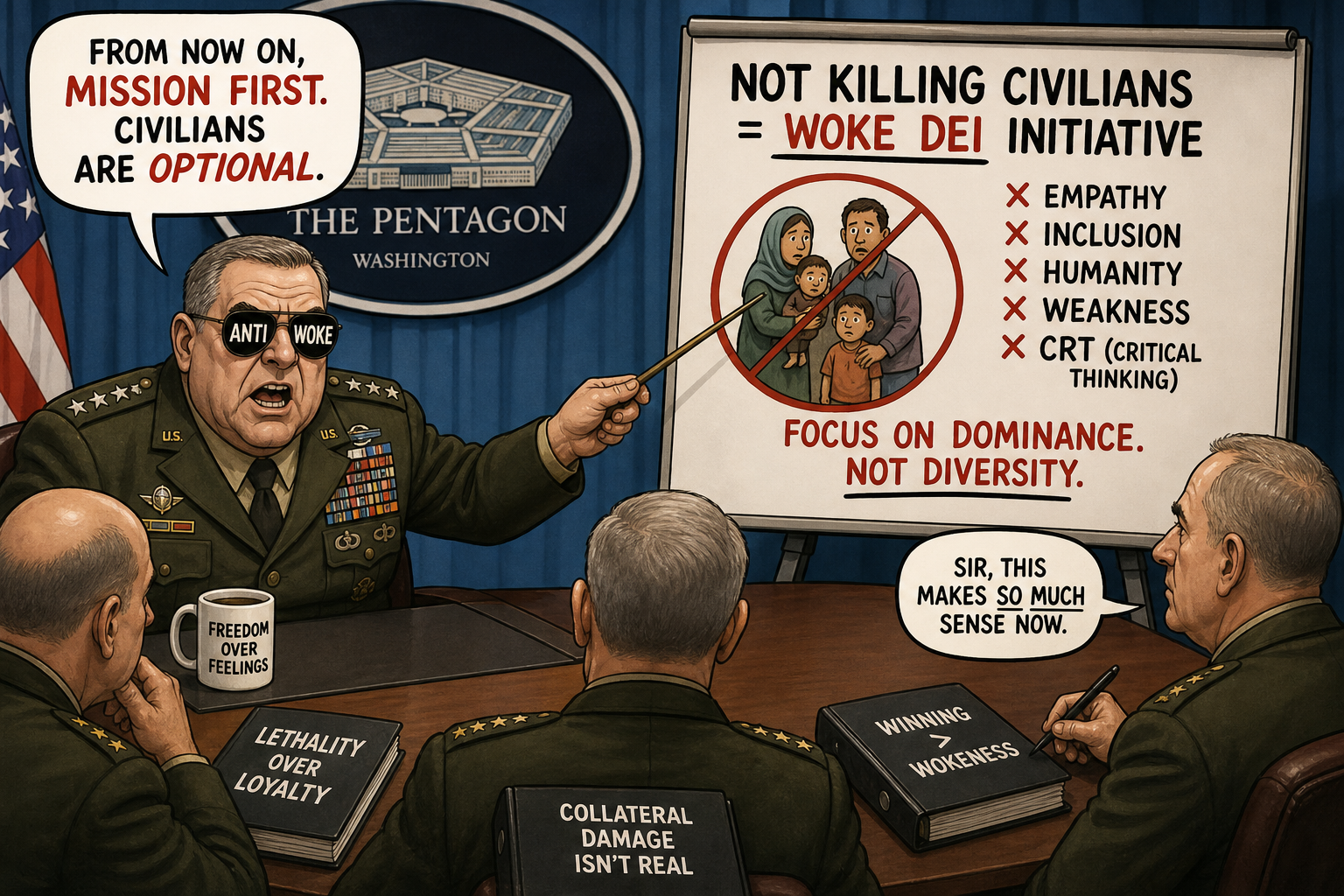 Satirical cartoon for Pentagon Declares Not Killing Civilians A Woke DEI Initiative