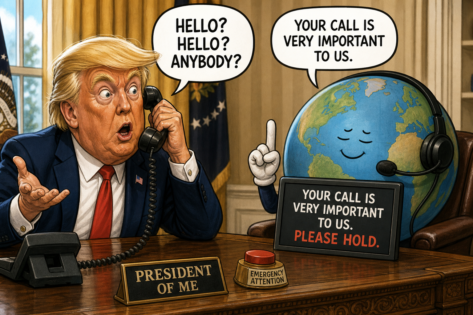 Satirical cartoon for Trump Discovers Entire World Has Placed Him on Hold