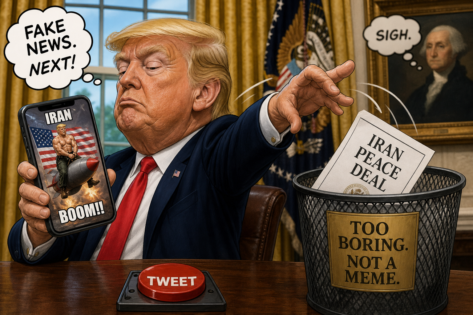 Satirical cartoon for Trump Dumps Iran Peace Deal Over Botched AI Missile Meme