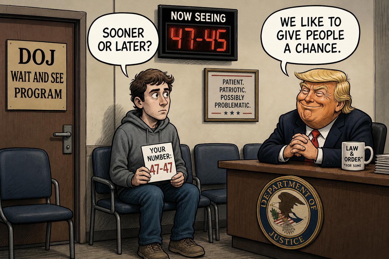 Satirical cartoon for Trump DOJ Reveals Shooter Was In ‘Wait And See’ Program